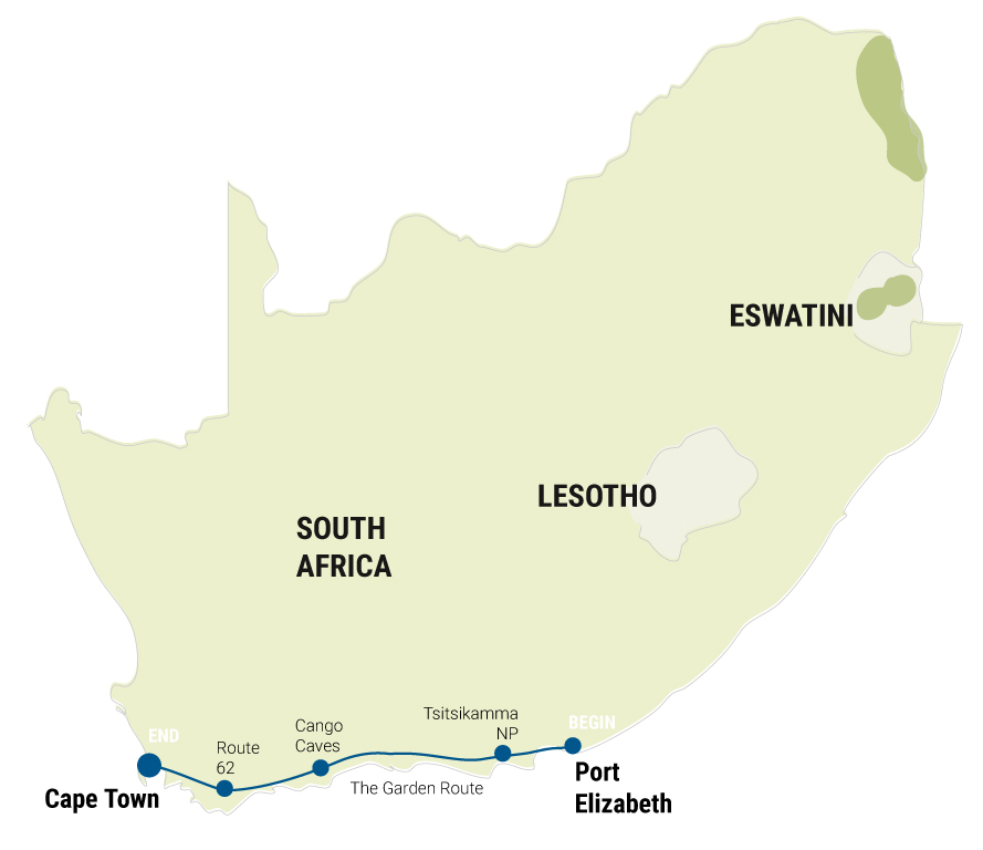 Reiseverlauf der geführten Gruppenreise als Camping und Lodge Safari - Garden Route in Südafrika