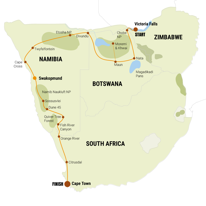 Reiseverlauf der Camping oder Lodge Safari von den Viktoriafällen nach Kapstadt 