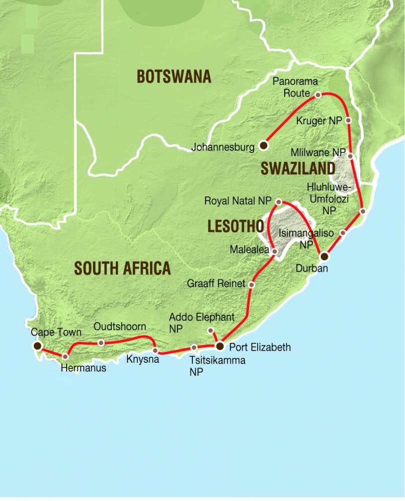 Reiseverlauf Gruppenreise Südafrika Camping oder Lodge Safari 