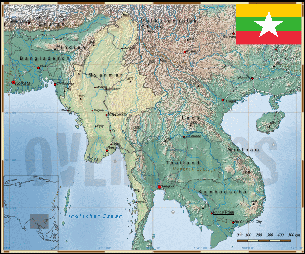 Reisekarte von Myanmar des Reiseveranstalters OVERCROSS, für Vergrösserung bitte klicken Reisekarte von Myanmar des Reiseveranstalters OVERCROSS