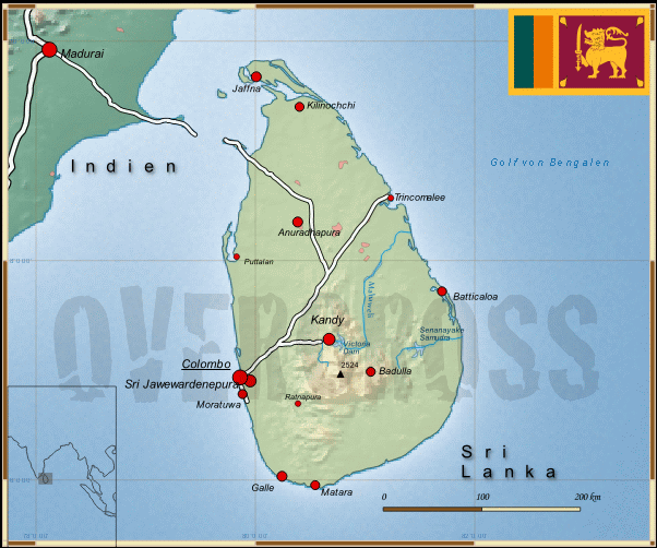 Reisekarte von Sri Lanka des Reiseveranstalters OVERCROSS