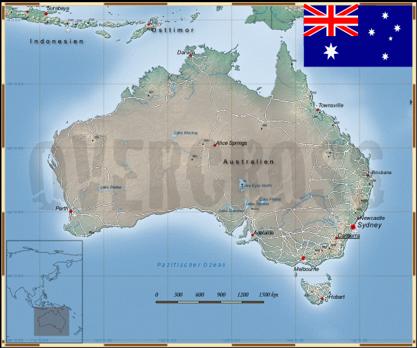 Reisekarte von Australien des Reiseveranstalters OVERCROSS, für Vergrösserung bitte klicken Reisekarte von Australien des Reiseveranstalters OVERCROSS