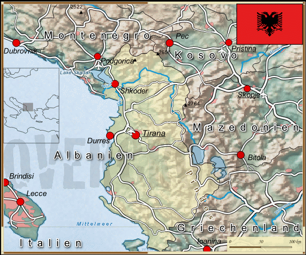 Reisekarte von Albanien des Reiseveranstalters OVERCROSS