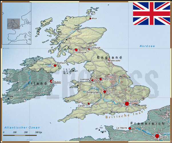 Reisekarte von Gro&szlig;britannien des Reiseveranstalters OVERCROSS