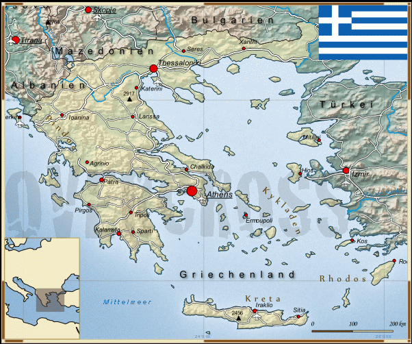 Reisekarte von Griechenland des Reiseveranstalters Overcross, für Vergrösserung bitte klicken Reisekarte von Griechenland des Reiseveranstalters Overcross