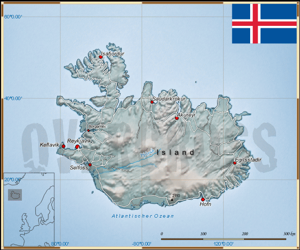 Reisekarte von Island des Reiseveranstalters OVERCROSS, für Vergrösserung bitte klicken Reisekarte von Island des Reiseveranstalters OVERCROSS