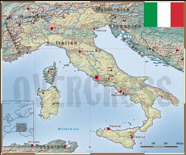 Reisekarte von Italien des Reiseveranstalters OVERCROSS